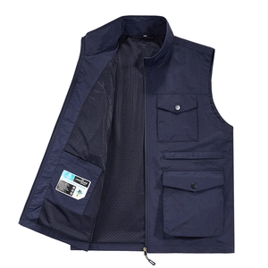 Men's navy multi-pocket fishing vest with breathable mesh lining and stand collar