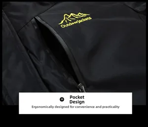 Detail of waterproof zipper pocket and yellow mountain logo on black outdoor jacket
