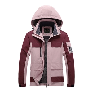 Women's outdoor waterproof hooded jacket in light pink and burgundy patchwork design