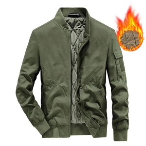 Army green fleece-lined cotton bomber jacket with quilted interior and rib-knit cuffs