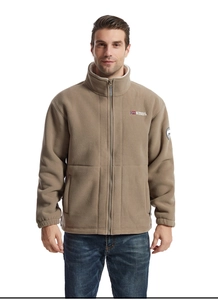 Detailed close-up of khaki fleece jacket with Norway embroidery and zipper