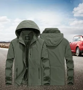 Detail view of army green waterproof hooded windbreaker with zip closure and adjustable cuffs
