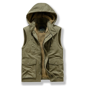 Heren Winter Workwear Vest met Capuchon Warme Fleece Voering Katoen Gewatteerde Jas Losse Utility Zakken Outdoor Casual Vest
