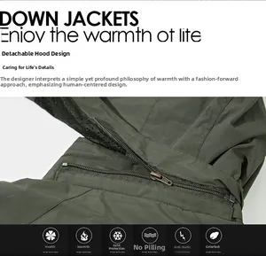Detail view of the detachable hood with zipper on this olive green windbreaker jacket