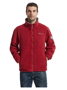 Close-up of the red thick polar fleece jacket with tall collar and full zipper for men