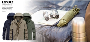 Outdoor hooded windbreaker jacket in navy, khaki and army green colors with zipper details