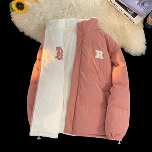 Pink corduroy puffer jacket with white sherpa fleece lining and letter embroidery