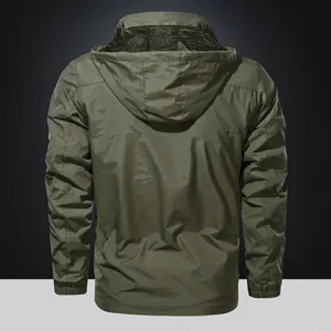 Men's quick-dry hooded windbreaker jacket in dark green with elastic cuffs back view