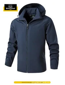 Vista frontale di una giacca invernale blu scuro antivento con cappuccio e tasche con zip