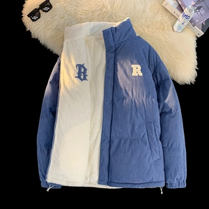 Winter blue corduroy puffer jacket for men with reversible white faux lamb wool lining