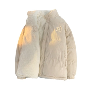 Winter reversible corduroy puffer jacket with faux lamb wool lining and R patch embroidery