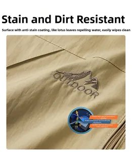 Detail einer Outdoorjacke mit wasserdichter Beschichtung und Berg-Stickerei-Motiv