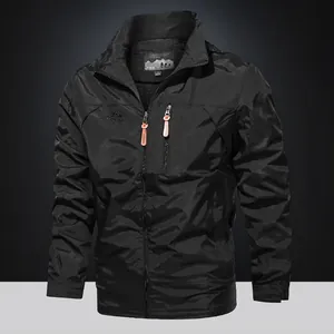 Men's black windproof outdoor jacket with orange zipper pulls and embroidered logo