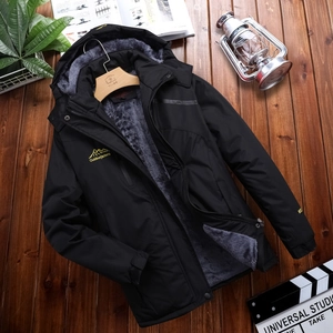 Waterproof hooded outdoor jacket in black with fleece lining and adjustable cuffs