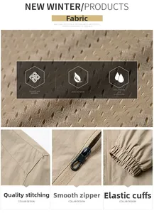Detail of khaki jacket with breathable mesh lining, nylon zipper, and elastic windproof cuffs