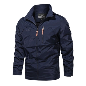 Men's navy blue quick-dry hooded windbreaker jacket with outdoor embroidery and orange zipper