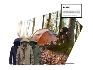 Outdoor waterproof hooded jackets for men in navy, khaki, and olive green for camping