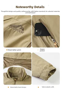 Detailsicht der khakifarbenen Jacke mit abnehmbarer Kapuze und atmungsaktivem Futter
