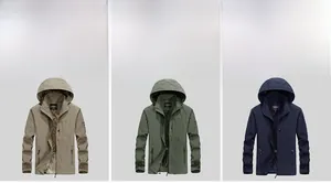 Mens waterproof outdoor hooded jackets in khaki green and navy blue with zip pockets