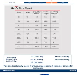 Detailed size chart for men's hooded jacket from S to 5XL with measurements