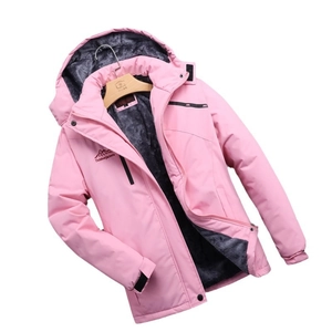 Pink women's hooded outdoor jacket with gray fleece lining and windproof waterproof fabric