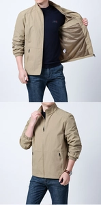Detailed view of khaki men's jacket with breathable mesh lining and stand-up collar