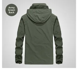 Back view of army green waterproof men's hooded jacket with windproof elastic cuffs