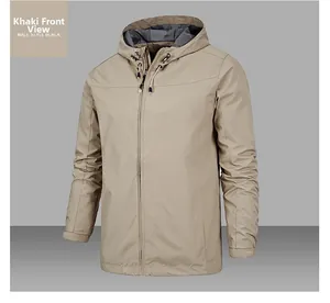 Men's khaki hooded outdoor jacket with adjustable drawstring and Velcro cuffs