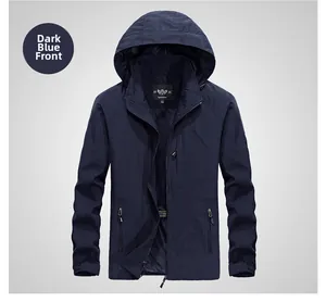 Detailed front view of navy blue hooded windbreaker jacket with functional zip pockets