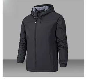 Detail of black hooded windbreaker jacket showing adjustable drawstring and zipper
