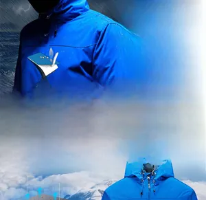 Detail of blue outdoor jacket with STORM BREATH water repellent and breathable fabric tech
