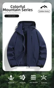 Detail of waterproof windbreaker showing hood, stand collar and zipper pockets