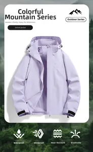 Detail of light purple outdoor jacket with windproof hood and breathable mesh lining