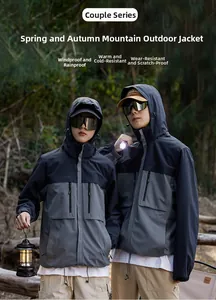 Outdoor hooded hiking jacket with windproof fabric and adjustable drawstring hem detail