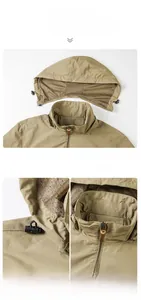 Detail der khakifarbenen Windjacke mit abnehmbarer Kapuze und verstellbarem Kordelzug
