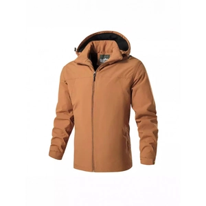 Giacca outdoor marrone da uomo con cappuccio, fodera antivento e cerniera integrale