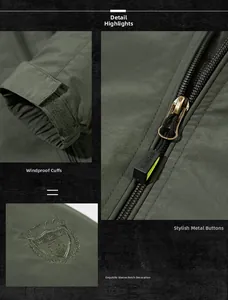 Detail of army green outdoor jacket featuring windproof velcro cuffs and metal sports zipper