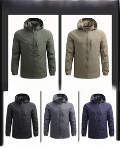 Detail view of five outdoor hooded jackets showing waterproof zippers and velcro cuffs