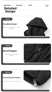 Detail view of hooded outdoor jacket featuring premium zipper and adjustable hem drawstrings