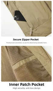 Detail der khakifarbenen Outdoor-Jacke mit Reißverschlusstasche und atmungsaktivem Netzfutter