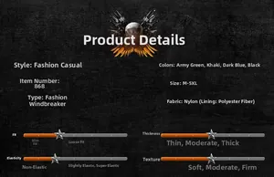 Detailed size chart and material specs for the slim fit outdoor men's windbreaker jacket