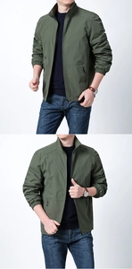 Detail of army green stand collar jacket with zip pockets and windproof fabric texture