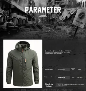 Detailed fabric chart for men's outdoor jacket showing nylon and polyester composition