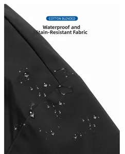 Macro shot of waterproof cotton blend fabric with water droplets on black jacket
