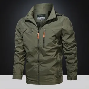 Men's casual army green outdoor windbreaker jacket with standing collar and zip pockets