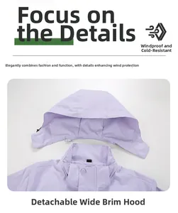 Detail of the lavender outdoor jacket featuring a detachable wide-brimmed hooded design