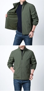 Detail of army green windbreaker featuring mesh lining and standing collar zip closure