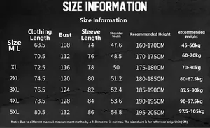 Detailed size chart for men's outdoor jacket ranging from M to 5XL with measurements