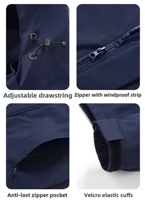 Detailed views of adjustable hood, windproof zipper, side pockets and velcro cuffs on jacket