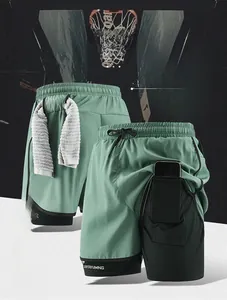 Detail of 2-in-1 sports shorts showing towel loop and hidden phone pocket on inner lining